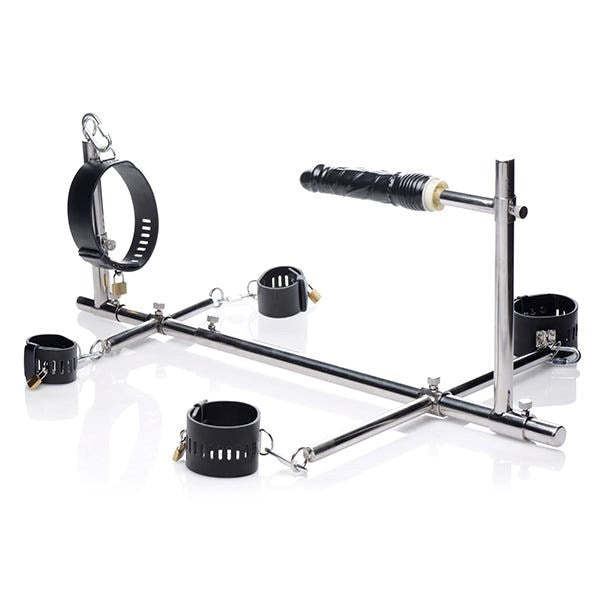 XR Brands Master Series Imprisoned Metal Stockade With Dildo Restraint System - - Sex Furniture