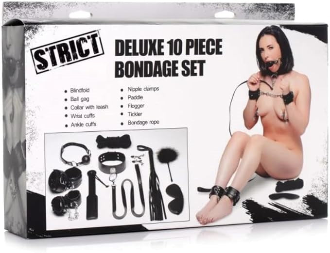 XR Brands Strict Deluxe Bondage Set 10 Piece Black Complete BDSM Collection - - Bondage Kits