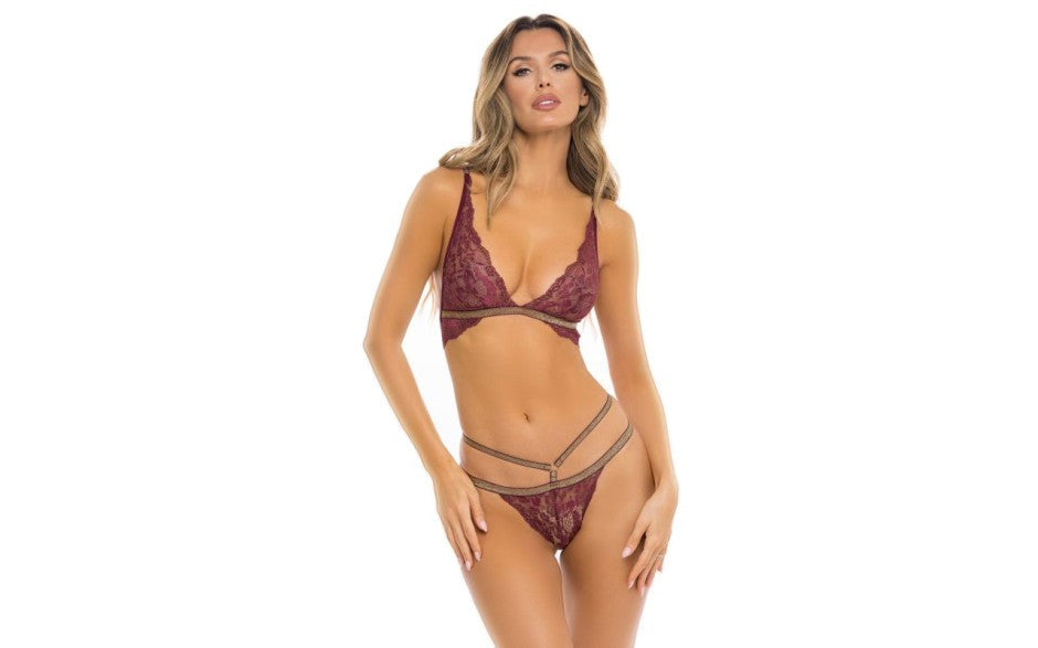 Rene Rofe Lurex Dreams 2 Piece Sexy Bra and Panty Set Burgundy Shimmering Gold - - Bras and Bra Sets
