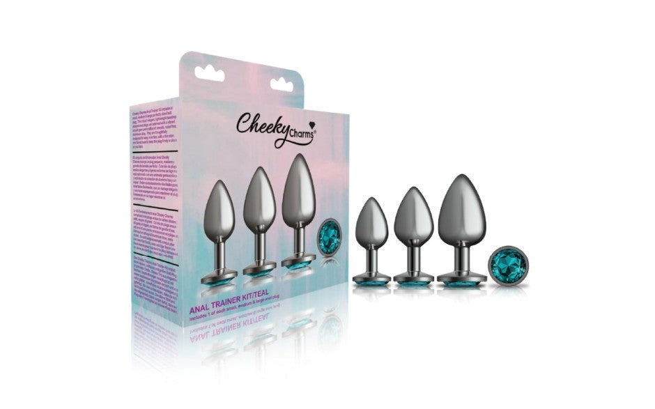 Viben Cheeky Charms Round Metal Butt Plug Gunmetal Kit With Teal Jewel 3 Piece - - Butt Plugs