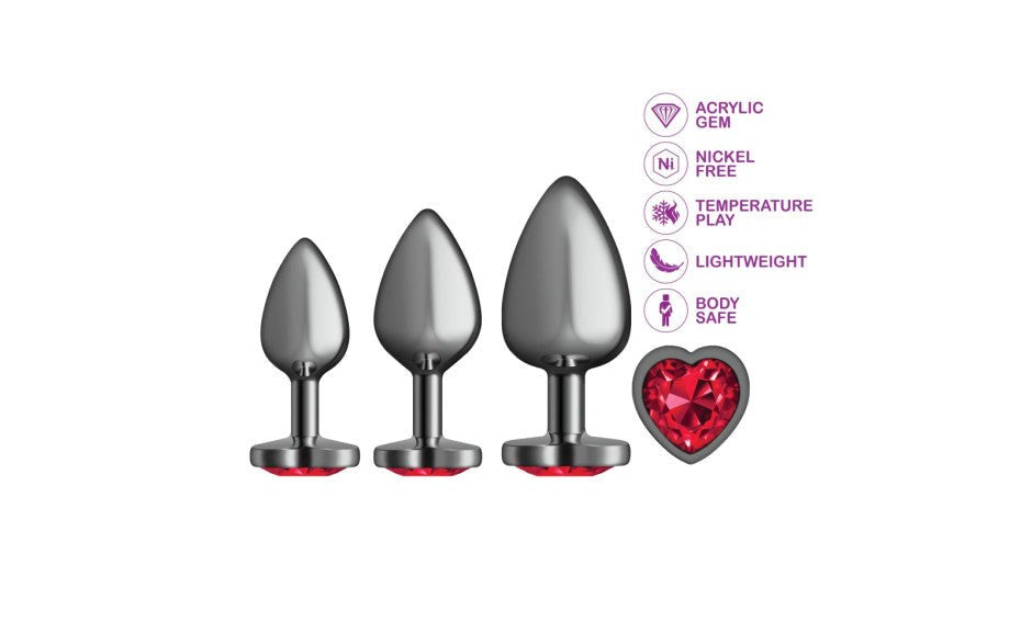 Viben Cheeky Charms Round Metal Butt Plug Gunmetal 3 Piece Kit With Dark Red Heart - - Butt Plugs