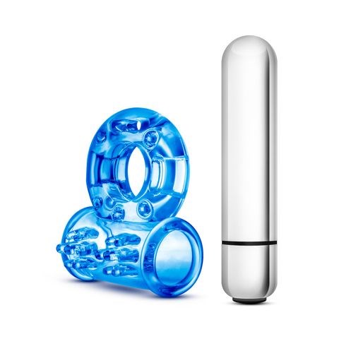 Blush Novelties Stay Hard 10 Function Vibrating Bull Cock Ring Blue with Bass Tech - - Vibrating Cock Rings