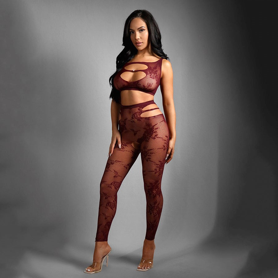 Fantasy Lingerie Sheer Fantasy Undivided Attention Bodystocking Burgundy - - Body Stockings