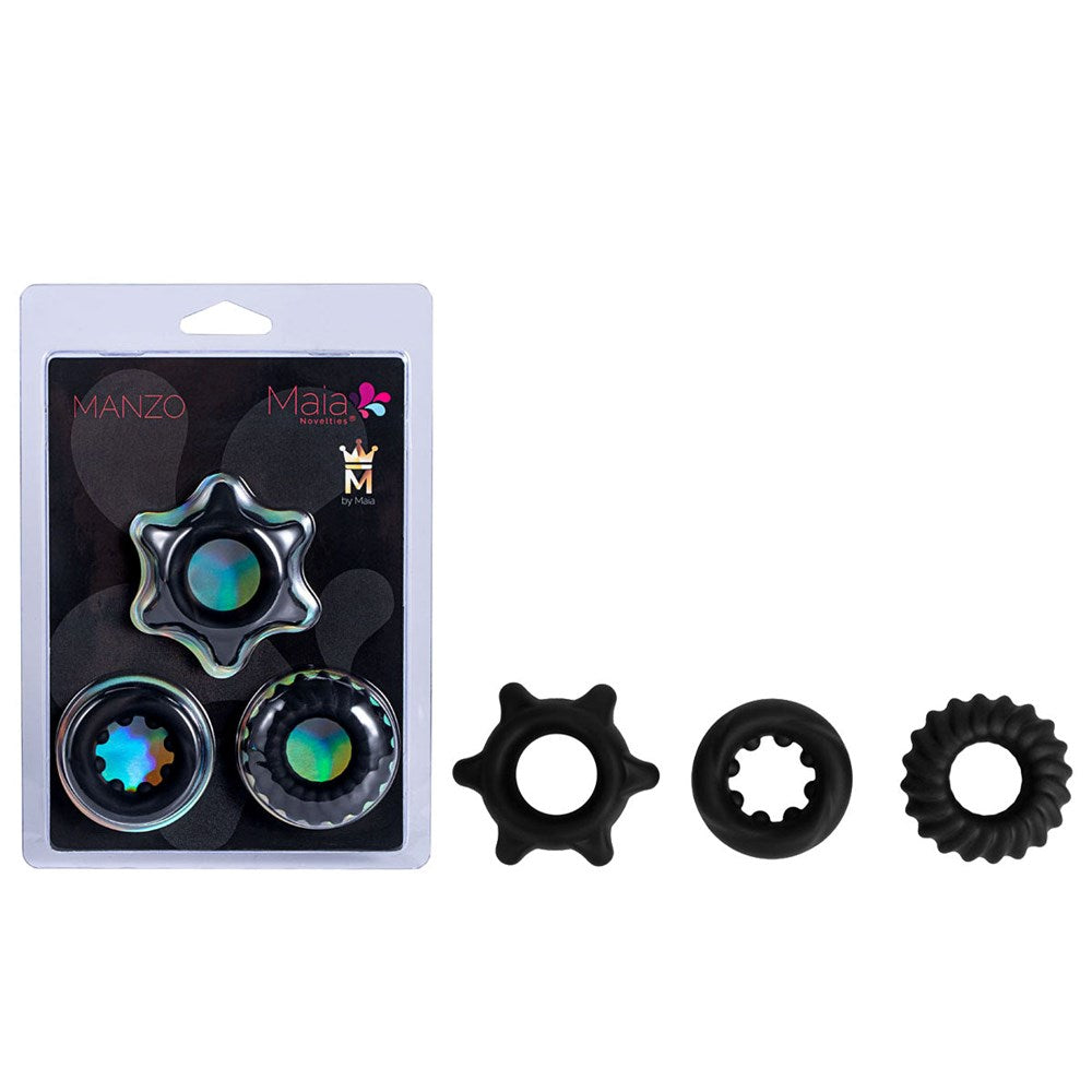 Maia Toys Maia MANZO Stretchy Silicone Cock Rings Set of 3 Black Premium Design - - Cock Ring Sets
