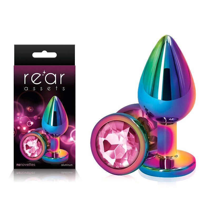 NS Novelties Rear Assets Medium Metal Butt Plug Chrome Plated Pink Gem Base - - Butt Plugs
