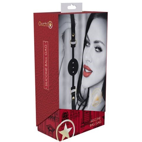 Shots Toys OUCH Milan Collection Breathable Silicone Ball Gag Black Red with Safety - - Bondage Gags and Bits