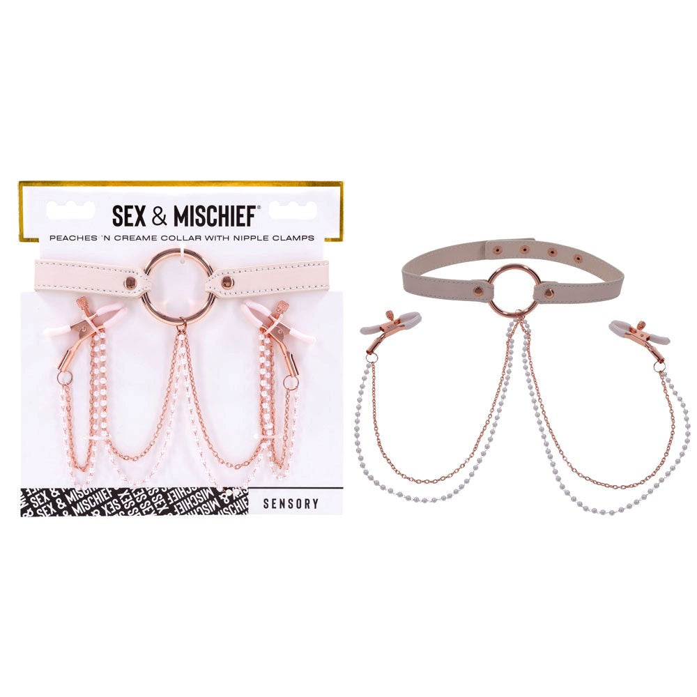 Sportsheets Sex & Mischief Peaches N CreaMe Collar With Nipple Clamps - - Nipple and Clit Clamps