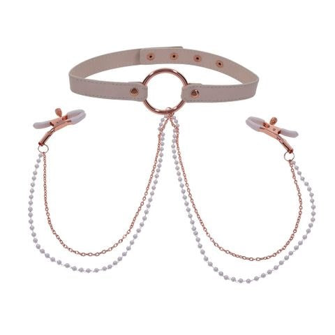 Sportsheets Sex & Mischief Peaches N CreaMe Collar With Nipple Clamps - - Nipple and Clit Clamps