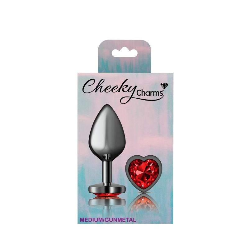 Viben Cheeky Charms Gunmetal Anal Plug With Heart Red Jewel Metal Butt Plug - - Butt Plugs