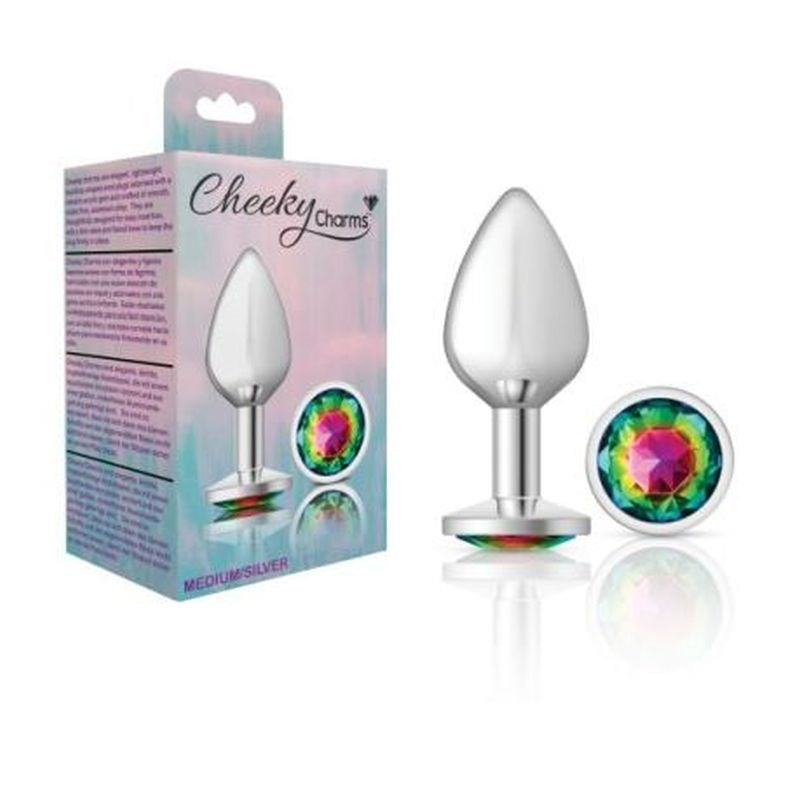 Viben Cheeky Charms Silver Round Butt Plug With Rainbow Jewel Temperature Play - - Butt Plugs