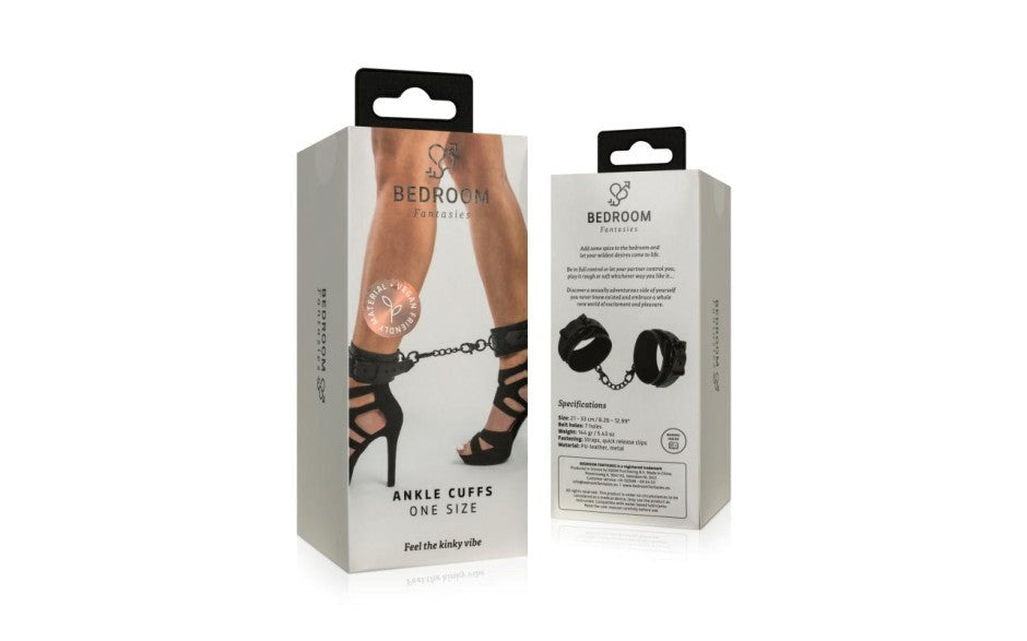 Bedroom Fantasies Faux Leather Fetish Play Ankle Cuffs Black with Chain - - Cuffs And Restraints