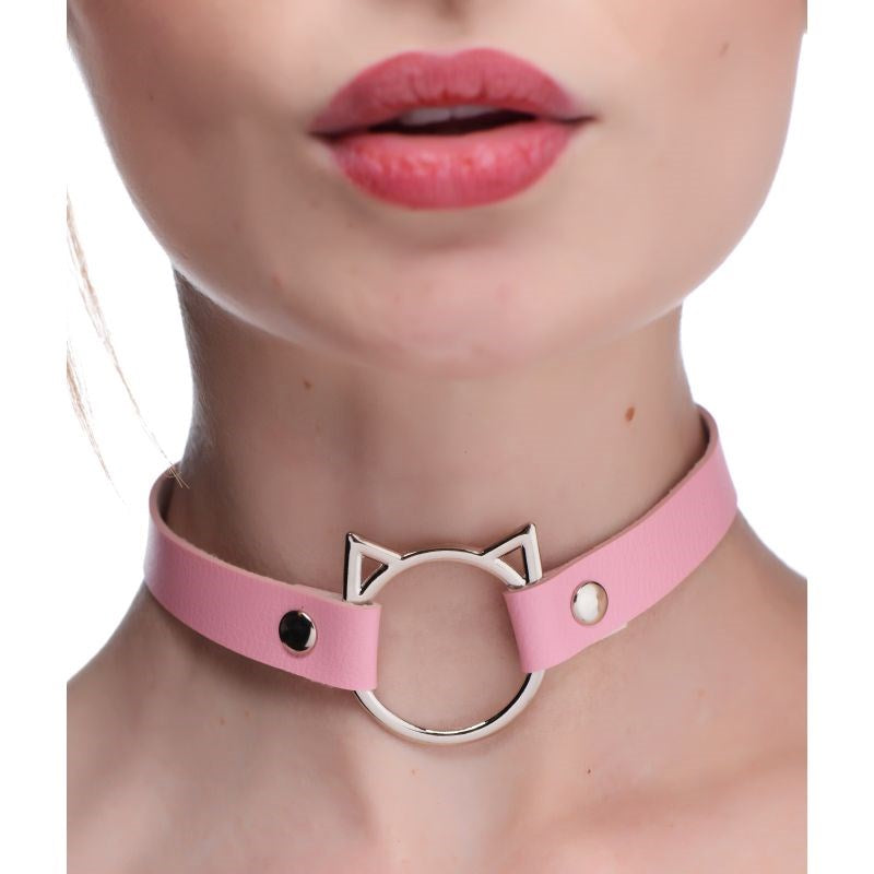 XR Brands Master Series PU Leather Kinky Kitty Ring Slim Choker Adjustable - - Collars and Leads