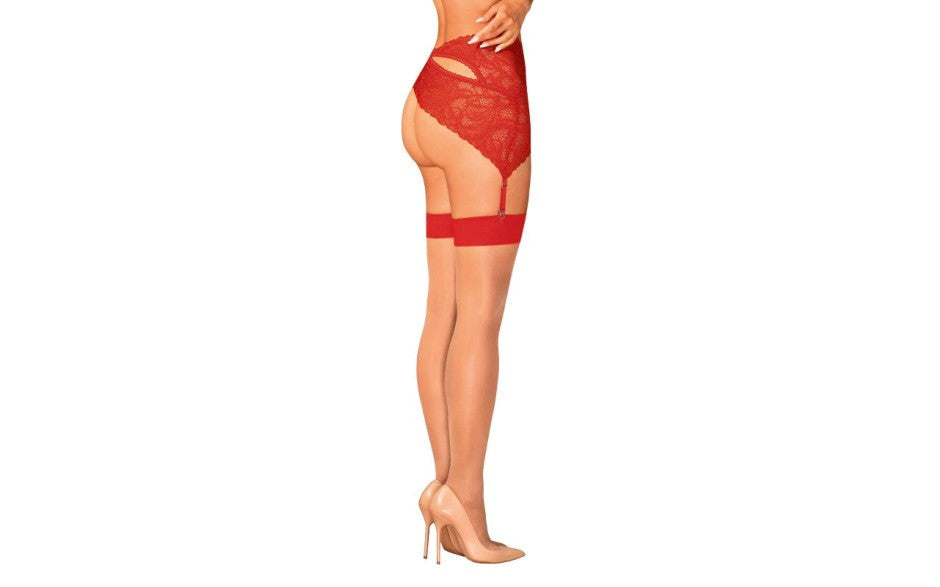 Obsessive S814 Beautiful and Sexy Leg Stockings Red with Dual Tone Design - - Hosiery