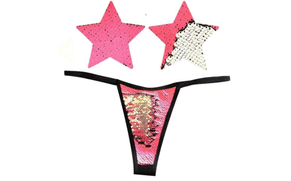 Neva Nude Bitchin Neon Pink & Silver Blacklight Sequin Pastie & Panty Set - - G-Strings, Panties and Shorts