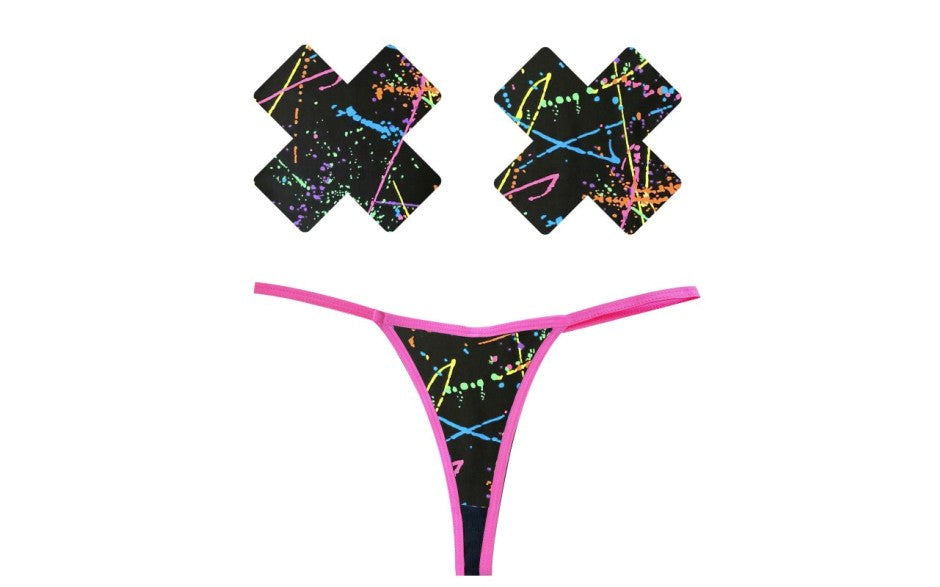 Neva Nude Graffiti Neon Womens G String & X Pastie Set with Neon Design - - G-Strings, Panties and Shorts
