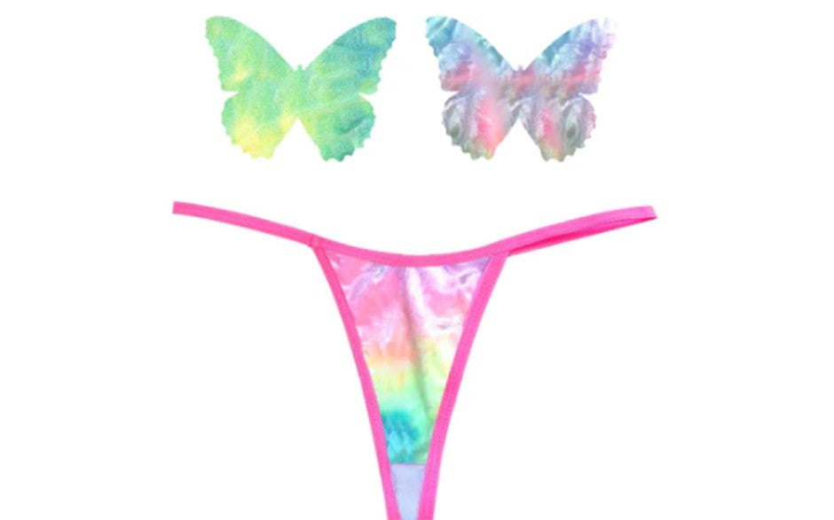 Neva Nude Rainbow Sherbet Tie Die Butterfly Pastie & Panty Set with Velvet - - G-Strings, Panties and Shorts