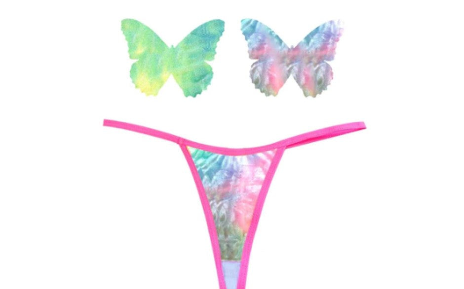 Neva Nude Rainbow Sherbet Tie Die Butterfly Pastie & Panty Set with Velvet - - G-Strings, Panties and Shorts
