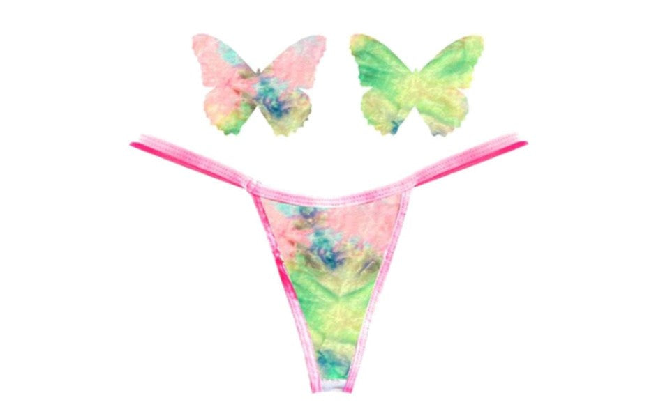Neva Nude Rainbow Sherbet Tie Die Butterfly Pastie & Panty Set with Velvet - - G-Strings, Panties and Shorts