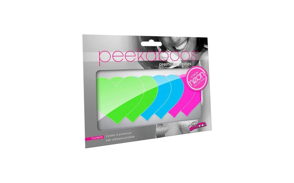 Peekaboo Pasties Neon Heart Nipple Pasties 3 Pack Green Blue Pink Coverage - - Fancy Dress Ups