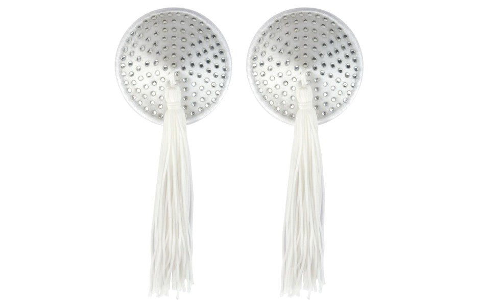 Peekaboo Pasties White Satin With Rhinestone & Tassel Nipple Pasties - - Fancy Dress Ups