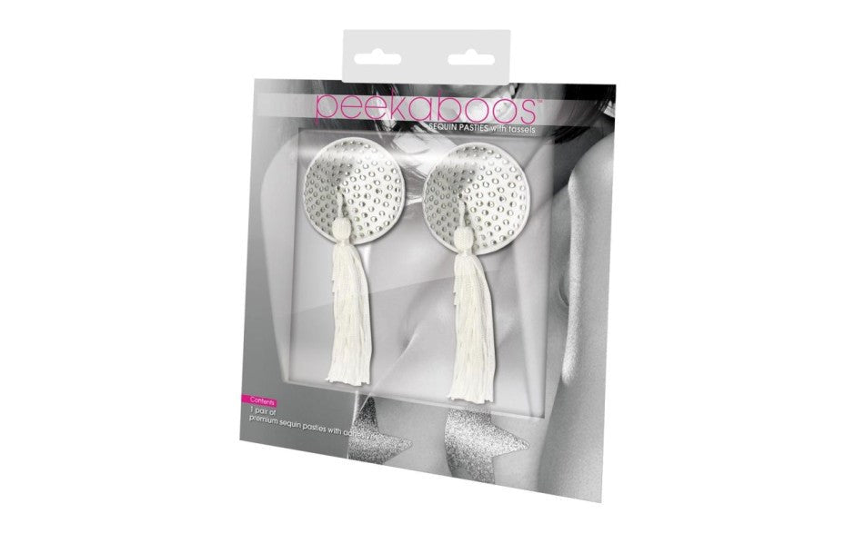 Peekaboo Pasties White Satin With Rhinestone & Tassel Nipple Pasties - - Fancy Dress Ups