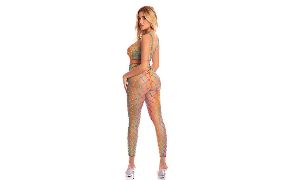 Pink Lipstick 2 Piece Womens Body Stocking One Size Rainbow Fishnet Set - - Body Stockings