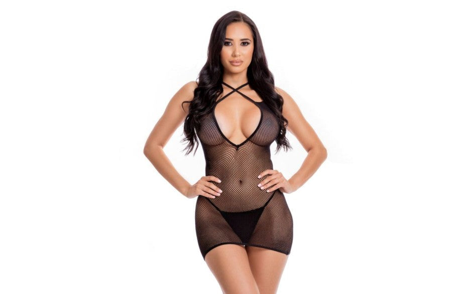 Pink Lipstick Spellbinding Womens Mini Dress One Size Black Fishnet Design - - Skirts And Club Wear