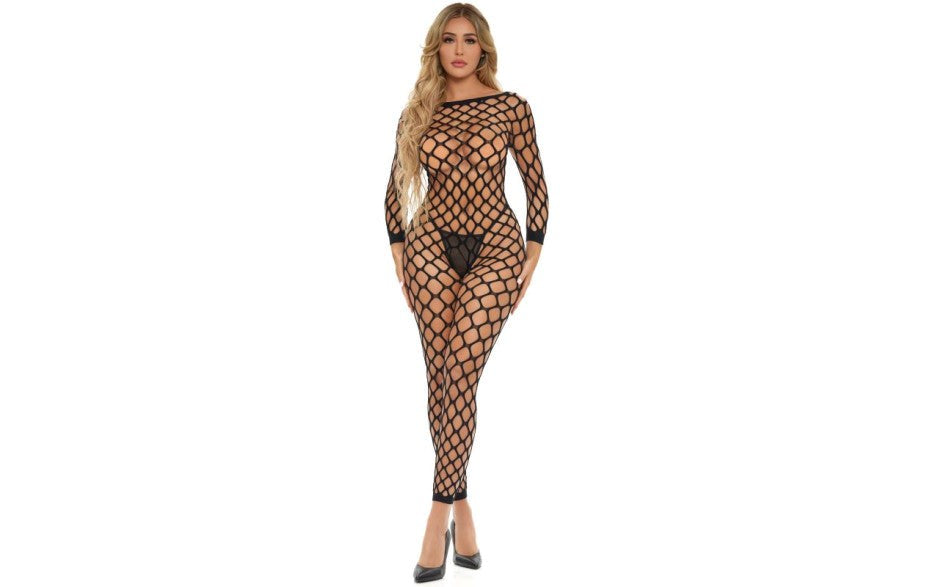 Pink Lipstick Swipe Right Crotchless Womens Bodystocking One Size Black Diamond Net - - Body Stockings
