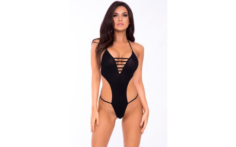 Pink Lipstick V Is For Vixen Womens Bodysuit M/L Black Deep V Neckline - - Teddies and Bodysuits