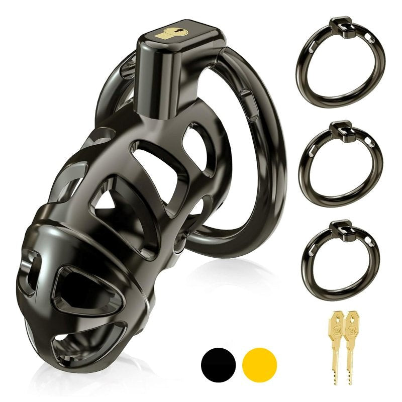 BDStyle Black Mens Chastity Cage Locked with 3 Active Sizes Rings - - Male Chastity