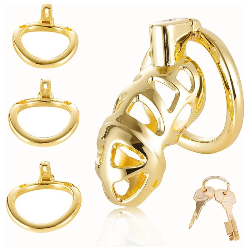 BDStyle Gold Chastity Cage Locked with 3 Active Sizes Rings - - Male Chastity