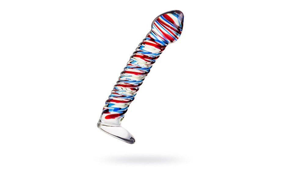 Sexus Glass Dildo Stripes With Base 16cm Blue Red Glass Sex Toy - - Glass Sex Toys