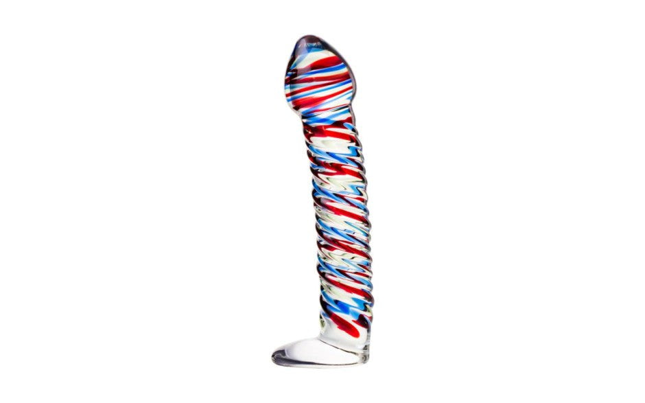Sexus Glass Dildo Stripes With Base 16cm Blue Red Glass Sex Toy - - Glass Sex Toys
