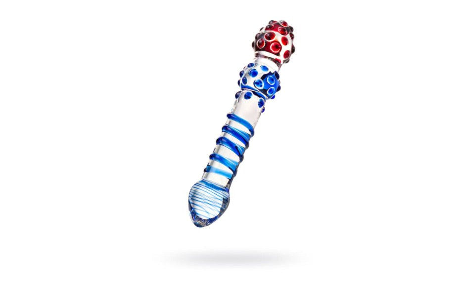 Sexus Glass Dildo 20.5cm Blue & Red Medical Grade Glass Temperature Play - - Glass Sex Toys