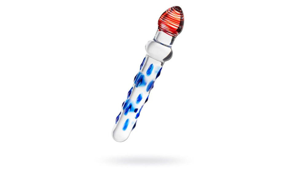 Sexus Glass Dildo With Knobs 20cm Blue & Red Textured Glass Sex Toy - - Glass Sex Toys