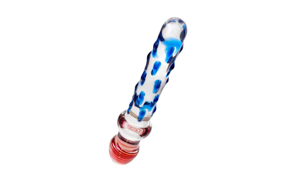 Sexus Glass Dildo With Knobs 20cm Blue & Red Textured Glass Sex Toy - - Glass Sex Toys