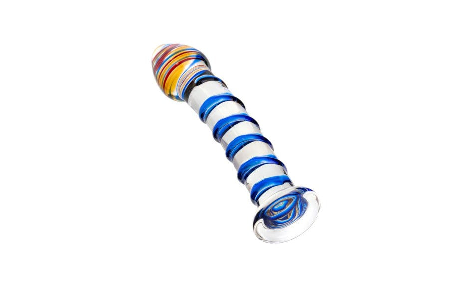 Sexus Glass Unisex Glass Dildo With Suction Cup Blue Swirls 18cm Premium - - Glass Sex Toys