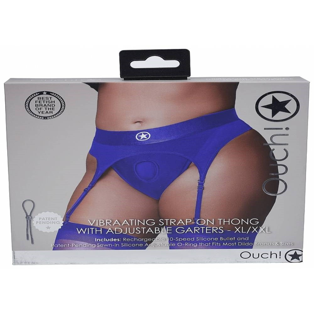 Shots Toys Ouch! Vibrating Strap on Thong with Adjustable Garters Royal Blue - - Strap On Sextoys