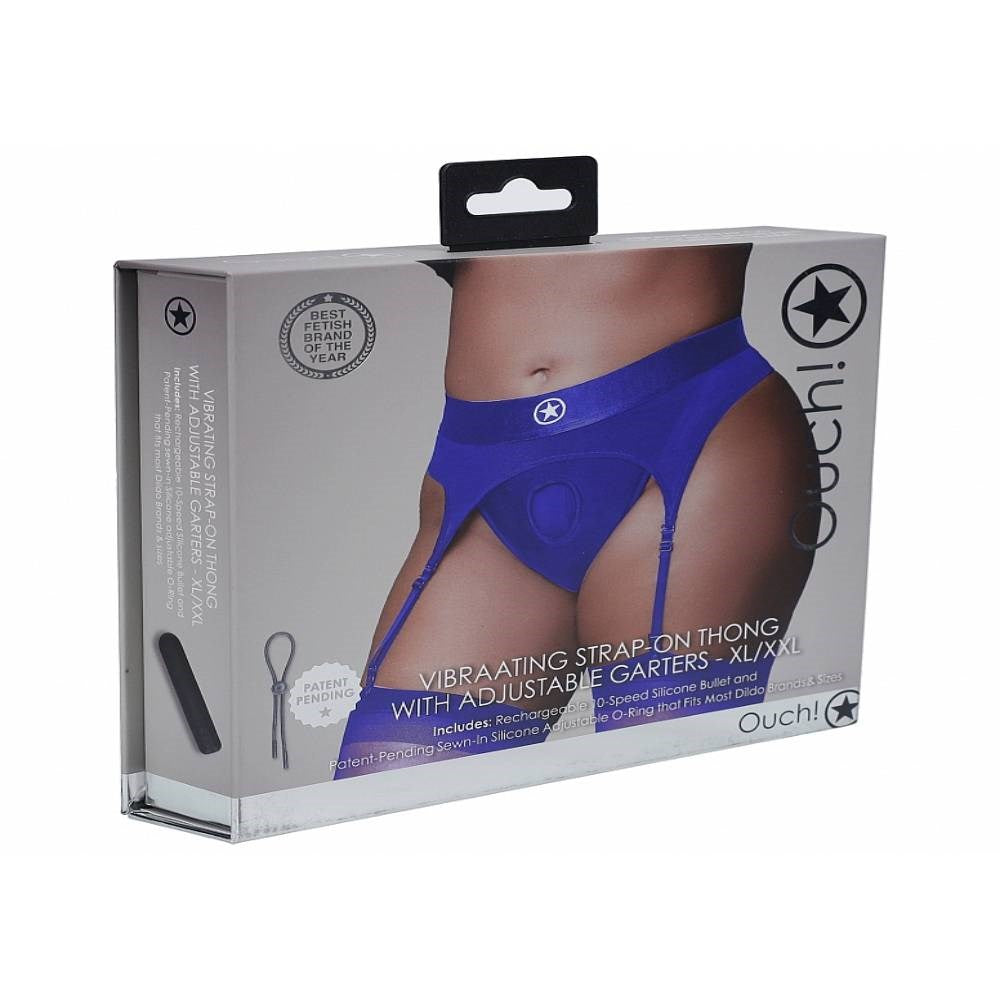 Shots Toys Ouch! Vibrating Strap on Thong with Adjustable Garters Royal Blue - - Strap On Sextoys