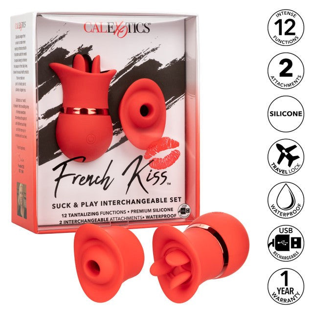 French Kiss 12 Function Suck & Play Interchangeable Set Red - - Clit Ticklers and Pulsators