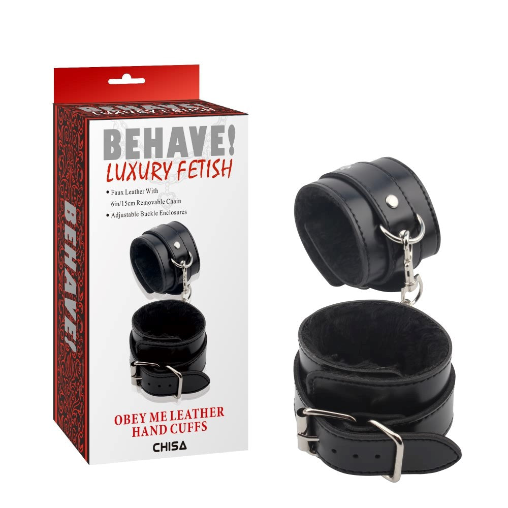 Behave Obey Me Leather Bondage Hand Cuffs Black - - Cuffs And Restraints