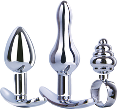 Hardware Gear T Bar Base 3 In 1 Metal Butt Plug Kit Set Chrome - - Butt Plugs
