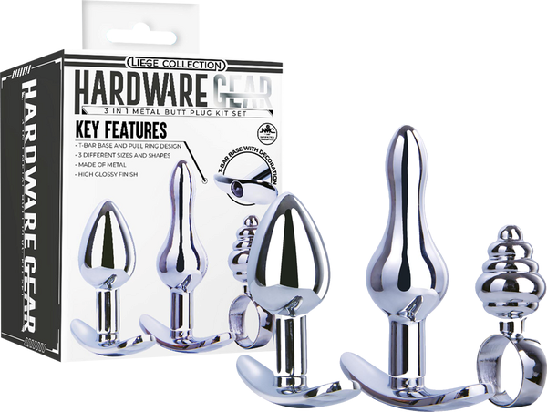 Hardware Gear T Bar Base 3 In 1 Metal Butt Plug Kit Set Chrome - - Butt Plugs