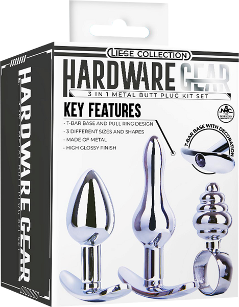Hardware Gear T Bar Base 3 In 1 Metal Butt Plug Kit Set Chrome - - Butt Plugs