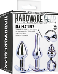 Hardware Gear T Bar Base 3 In 1 Metal Butt Plug Kit Set Chrome - - Butt Plugs