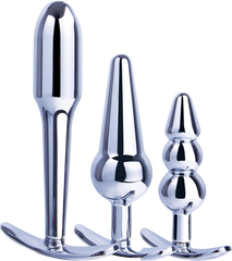 Hardware Gear 3 In 1 Metal Butt Plug Kit Set With Pull Ring Design Chrome - - Butt Plugs