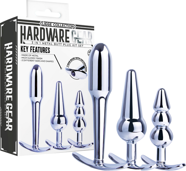 Hardware Gear 3 In 1 Metal Butt Plug Kit Set With Pull Ring Design Chrome - - Butt Plugs