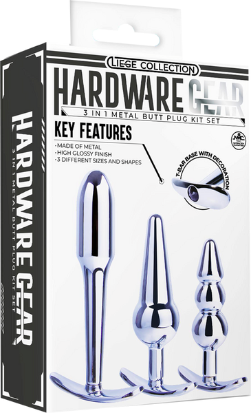 Hardware Gear 3 In 1 Metal Butt Plug Kit Set With Pull Ring Design Chrome - - Butt Plugs