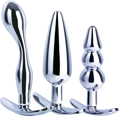 Hardware Gear 3 in 1 High Glossy Finish Metal Butt Plug Kit Set Chrome - - Butt Plugs