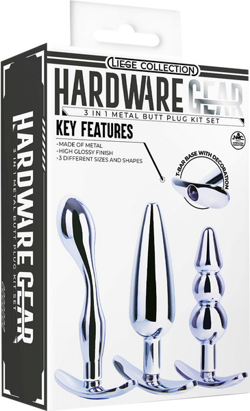 Hardware Gear 3 in 1 High Glossy Finish Metal Butt Plug Kit Set Chrome - - Butt Plugs